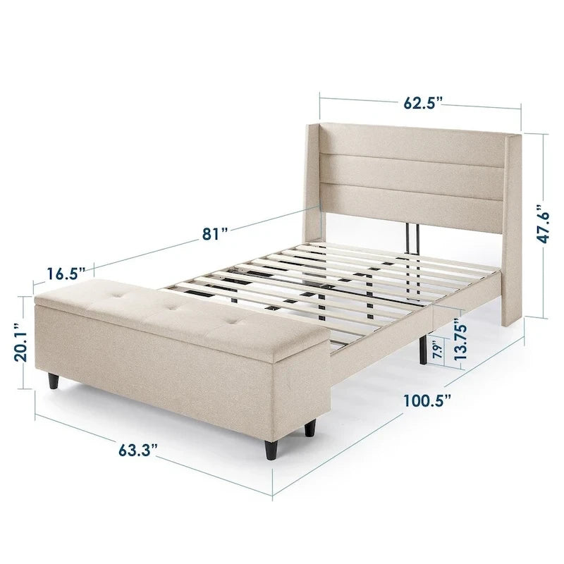 Lit plateforme rembourré beige avec pouf de rangement