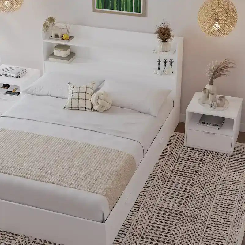 Lit plate-forme avec tête de lit et 2 tables de chevet