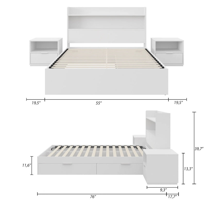 Lit plate-forme avec tête de lit et 2 tables de chevet