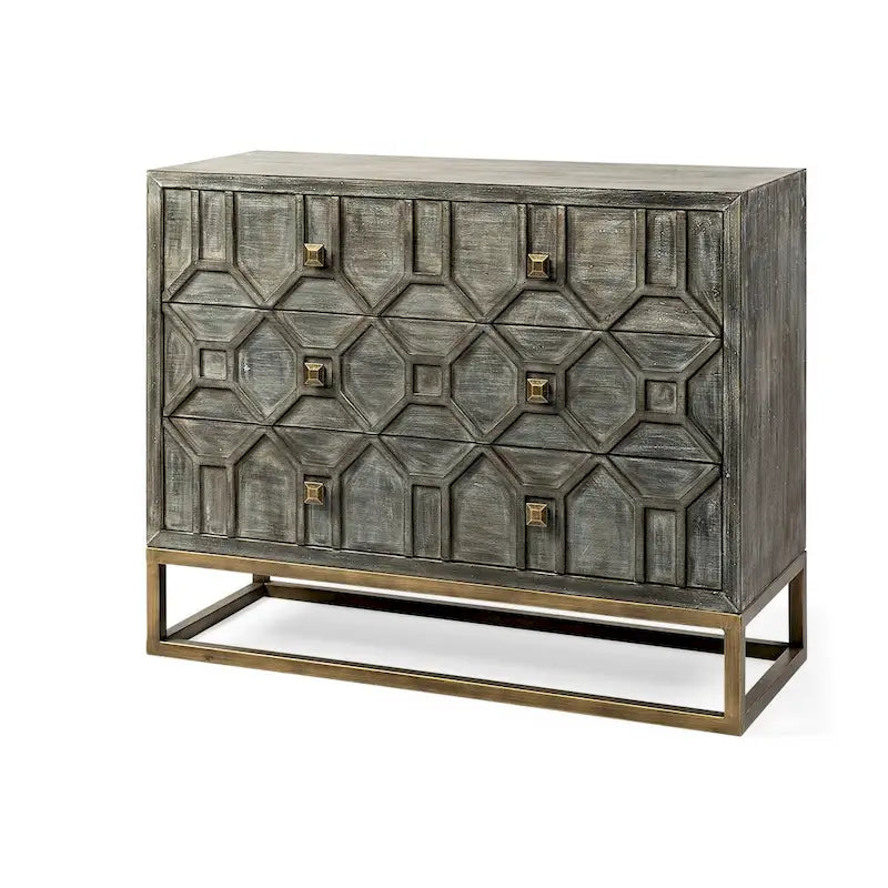 Placage de sapin gris avec cadre en fer et armoire d'appoint à 3 tiroirs