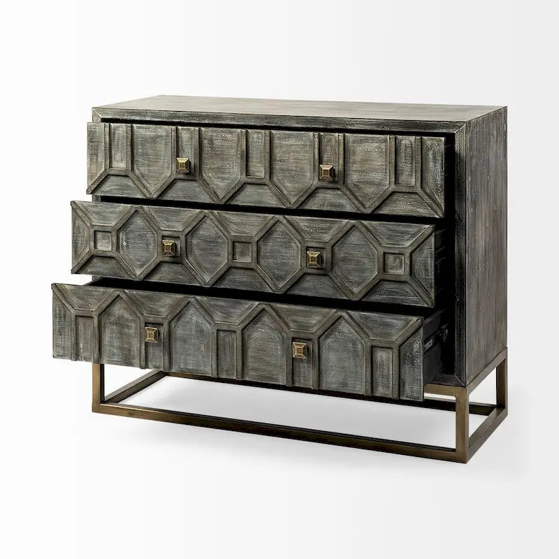 Placage de sapin gris avec cadre en fer et armoire d'appoint à 3 tiroirs