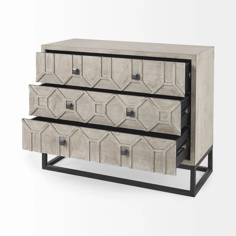 Placage de sapin gris avec cadre en fer et armoire d'appoint à 3 tiroirs