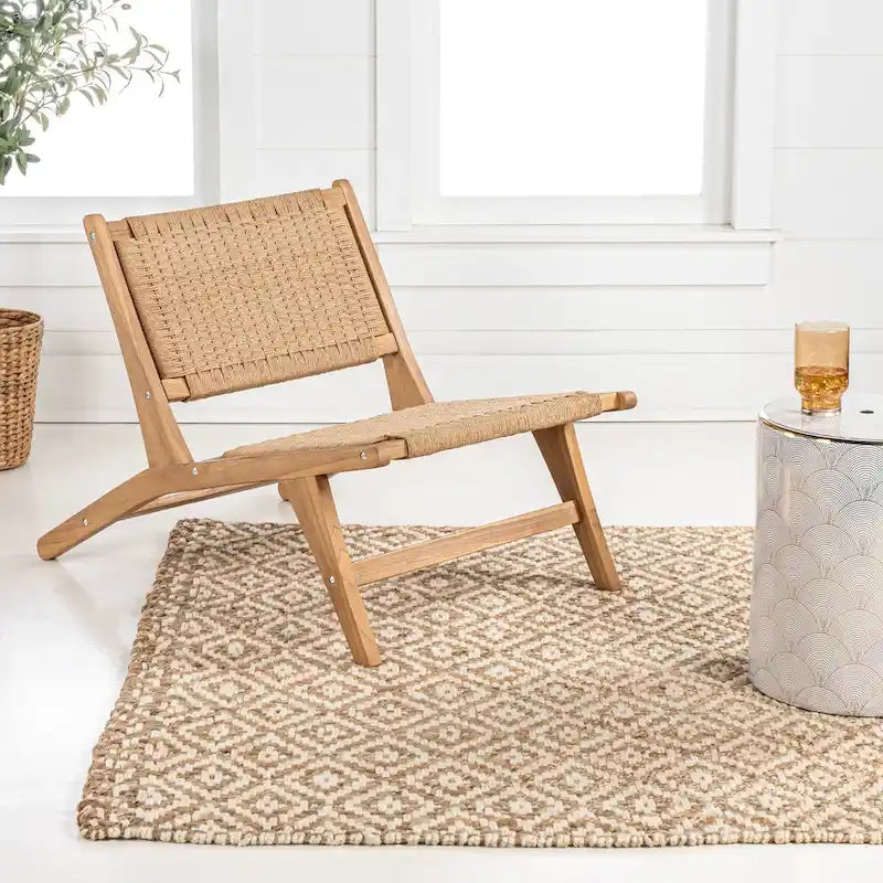 Fauteuil de salon sans accoudoirs en bois et jonc de mer tissé, style Mid-Century Modern
