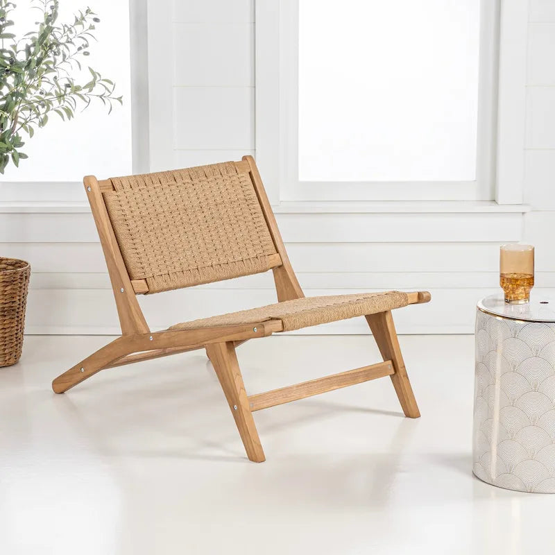 Fauteuil de salon sans accoudoirs en bois et jonc de mer tissé, style Mid-Century Modern