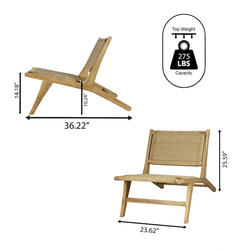 Fauteuil de salon sans accoudoirs en bois et jonc de mer tissé, style Mid-Century Modern
