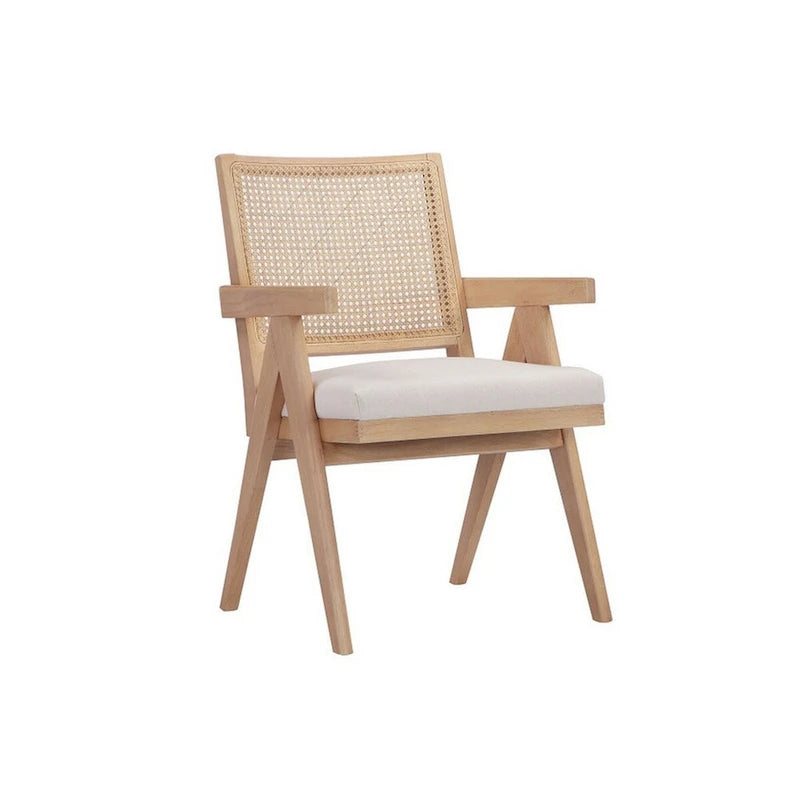 Fauteuil avec dossier en rotin, velours blanc cassé, structure en bois marron