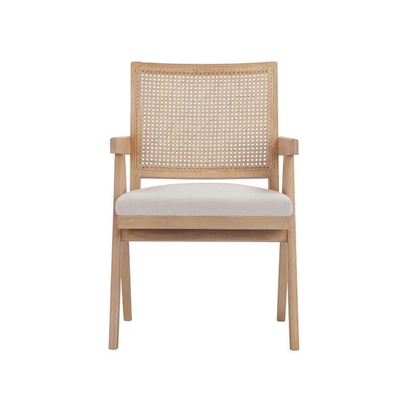 Fauteuil avec dossier en rotin, velours blanc cassé, structure en bois marron