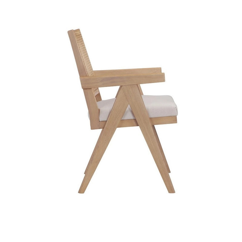Fauteuil avec dossier en rotin, velours blanc cassé, structure en bois marron