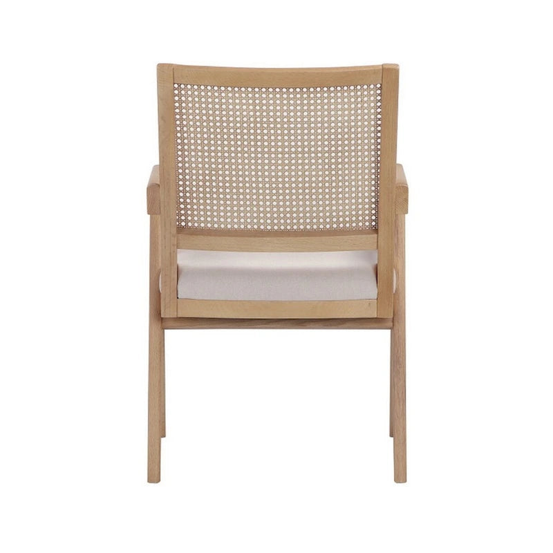 Fauteuil avec dossier en rotin, velours blanc cassé, structure en bois marron