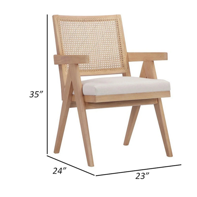 Fauteuil avec dossier en rotin, velours blanc cassé, structure en bois marron