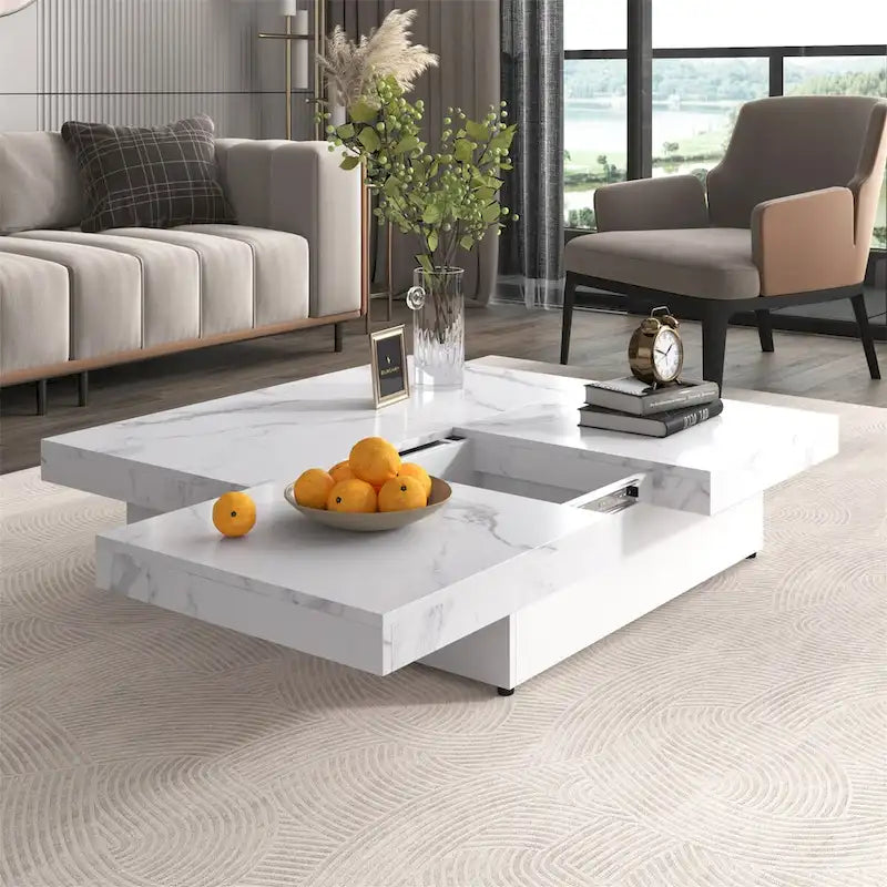 Table basse carrée en marbre, plateau coulissant avec rangement
