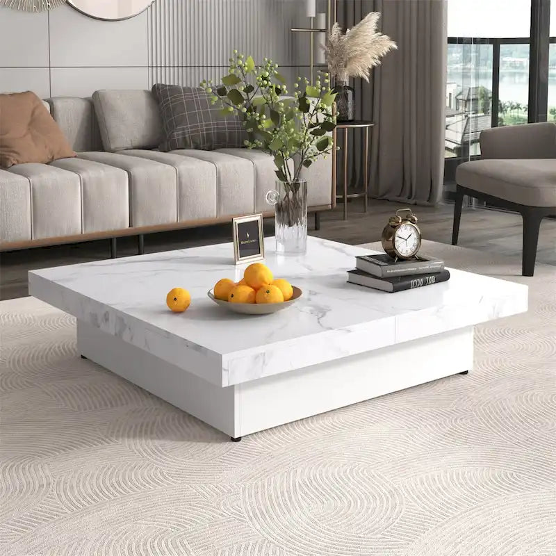 Table basse carrée en marbre, plateau coulissant avec rangement
