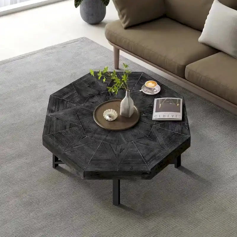 Table basse octogonale en bois, style patchwork, vintage