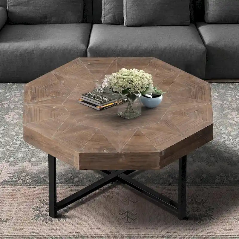 Table basse octogonale en bois, style patchwork, vintage