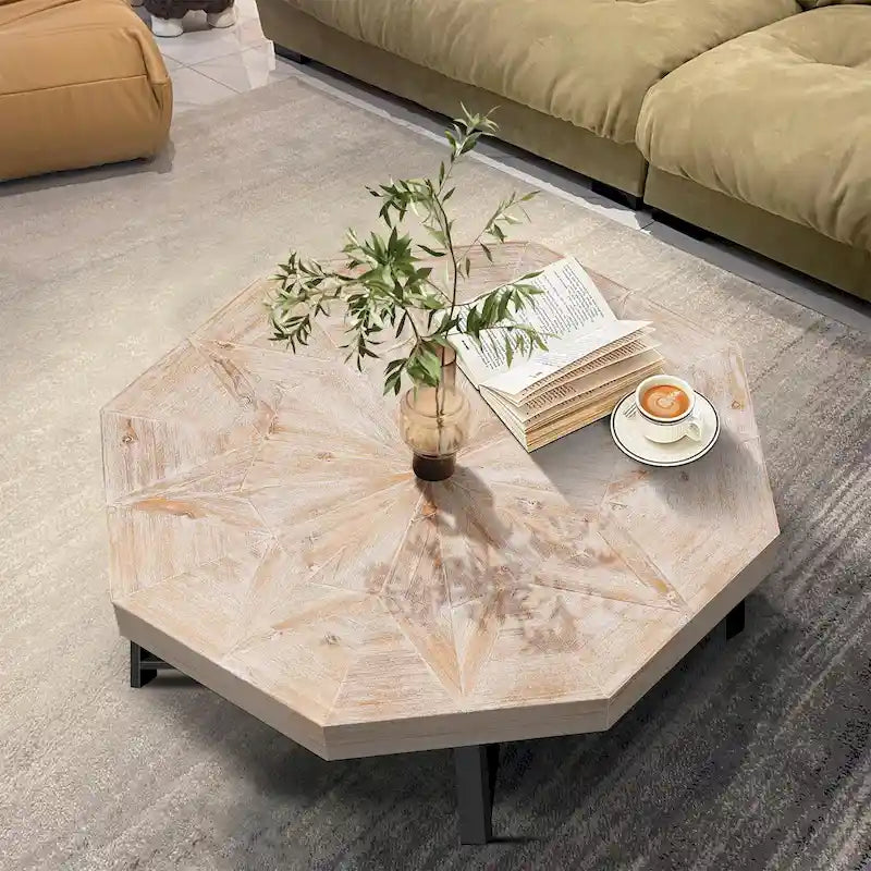 Table basse octogonale en bois, style patchwork, vintage