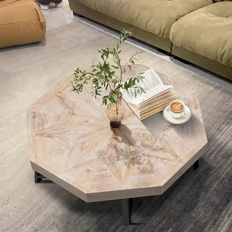 Table basse octogonale en bois, style patchwork, vintage