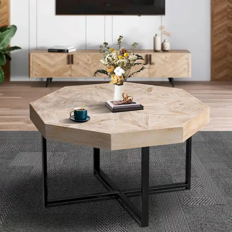 Table basse octogonale en bois, style patchwork, vintage