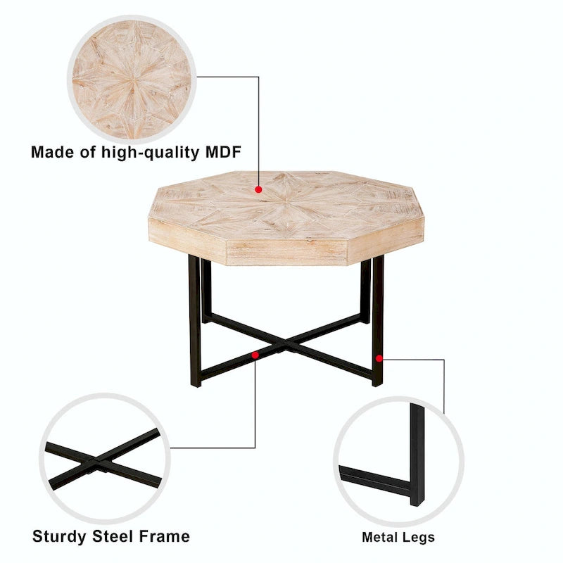 Table basse octogonale en bois, style patchwork, vintage