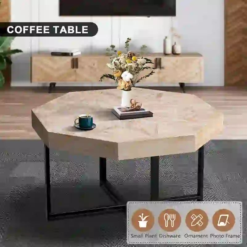 Table basse octogonale en bois, style patchwork, vintage