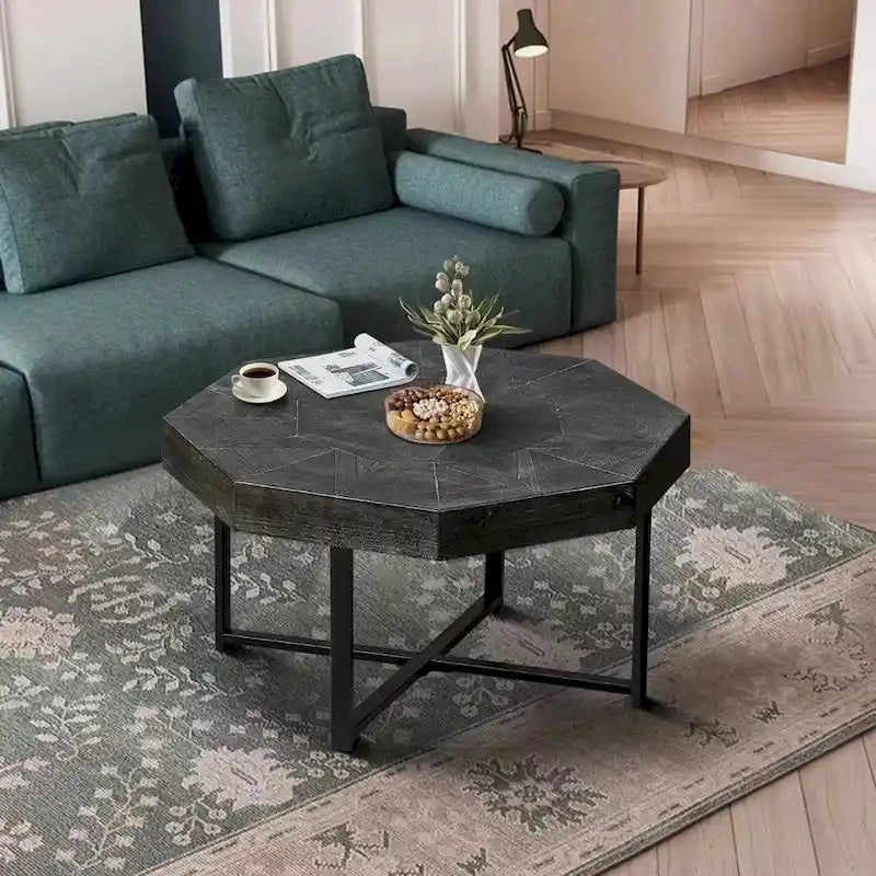 Table basse octogonale en bois, style patchwork, vintage